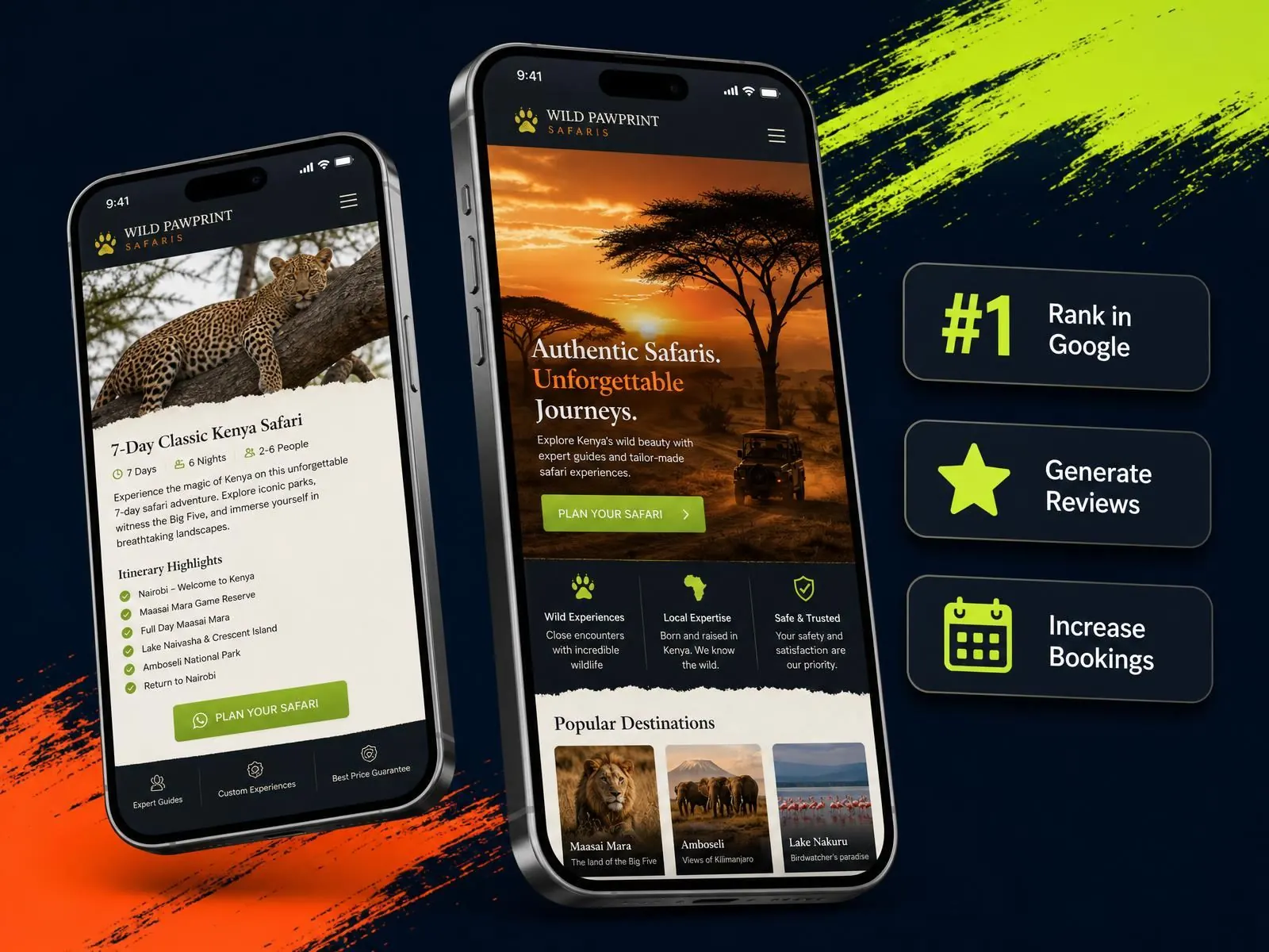 Wild Pawprint Safaris website shown on two iPhones with floating benefit cards — #1 Rank in Google, Generate Reviews, Increase Bookings
